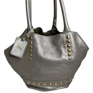 Emma Fox Silver Leather Tote Bag With Gold Studs & Tag